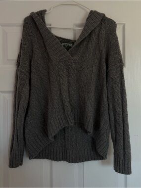 Oversized Chunky Cable Knit Hooded Sweater - Gray
